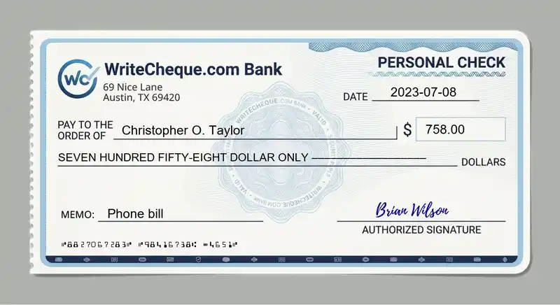 Cheque example for 758