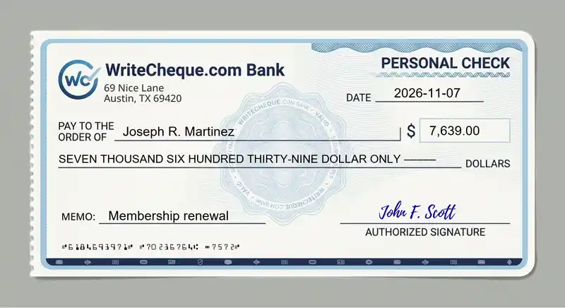 Cheque example for 7639