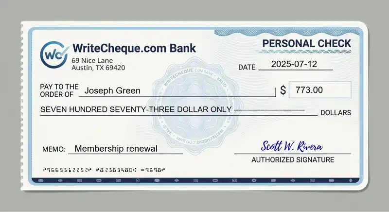 Cheque example for 773