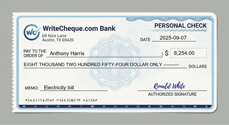 Cheque example for 8254