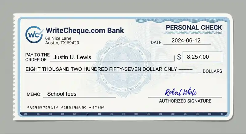 Cheque example for 8257