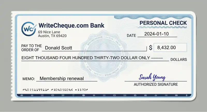 Cheque example for 8432