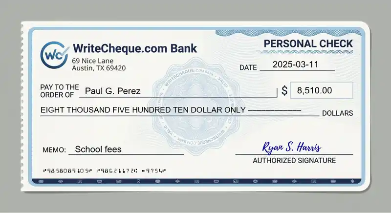 Cheque example for 8510