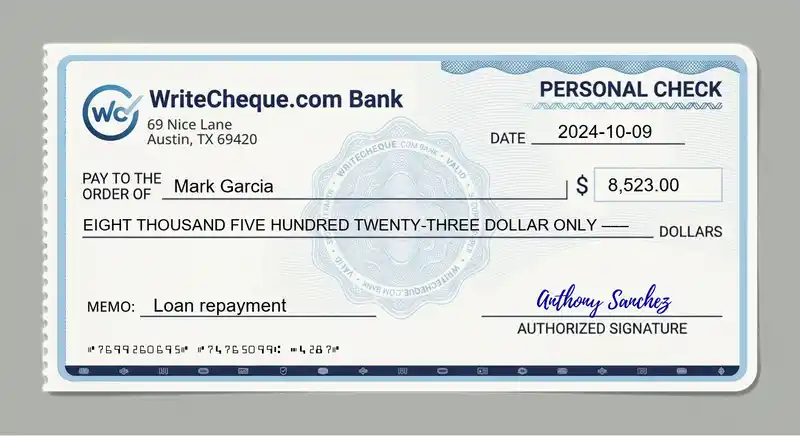 Cheque example for 8523