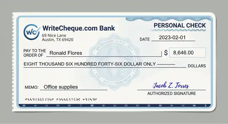 Cheque example for 8646