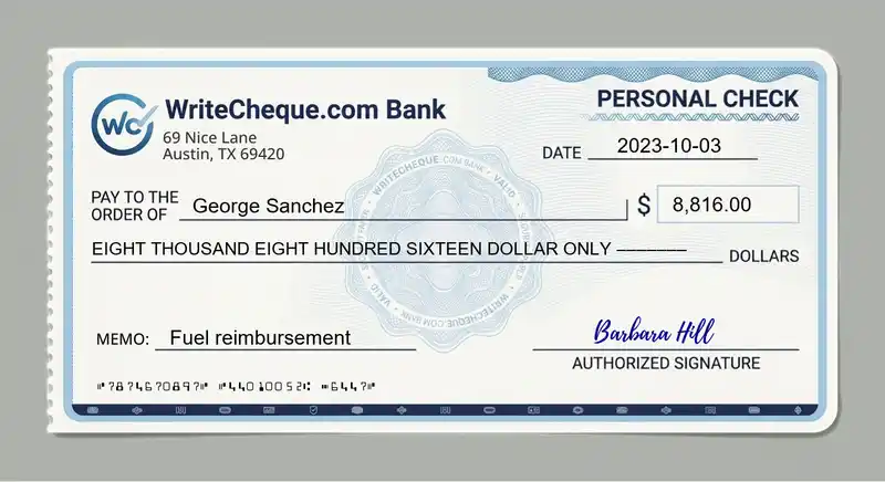 Cheque example for 8816