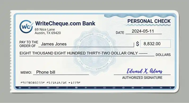 Cheque example for 8832