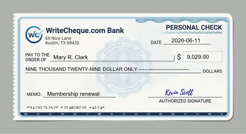Cheque example for 9029