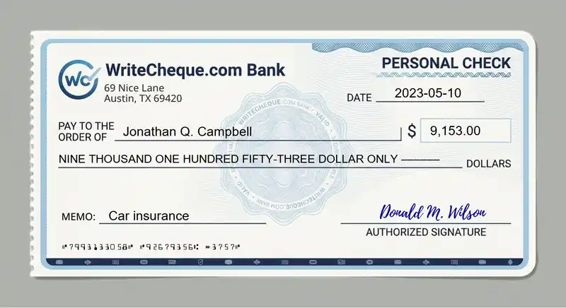 Cheque example for 9153