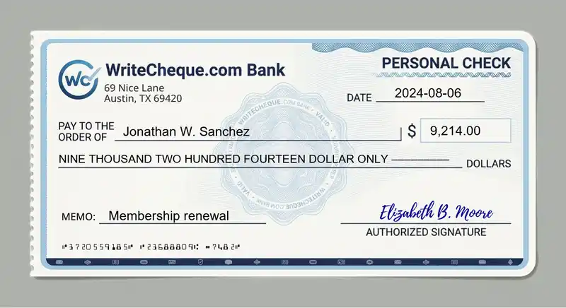 Cheque example for 9214