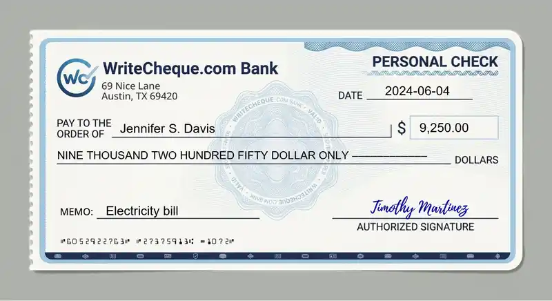Cheque example for 9250