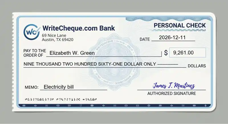 Cheque example for 9261