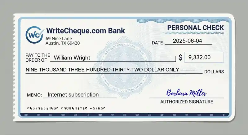 Cheque example for 9332