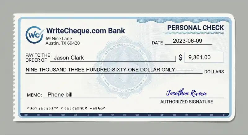 Cheque example for 9361
