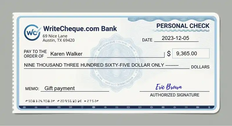 Cheque example for 9365