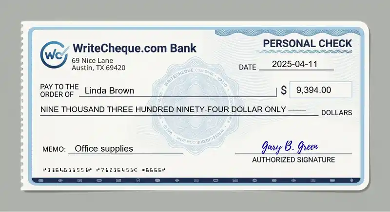 Cheque example for 9394