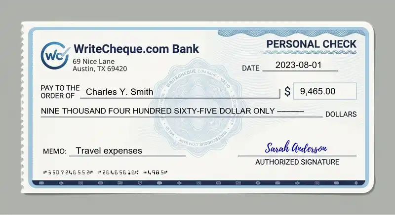 Cheque example for 9465