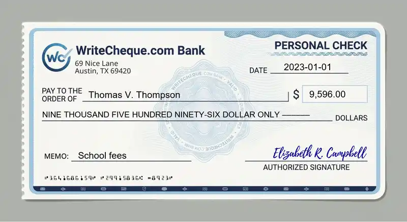 Cheque example for 9596