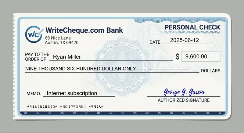 Cheque example for 9600
