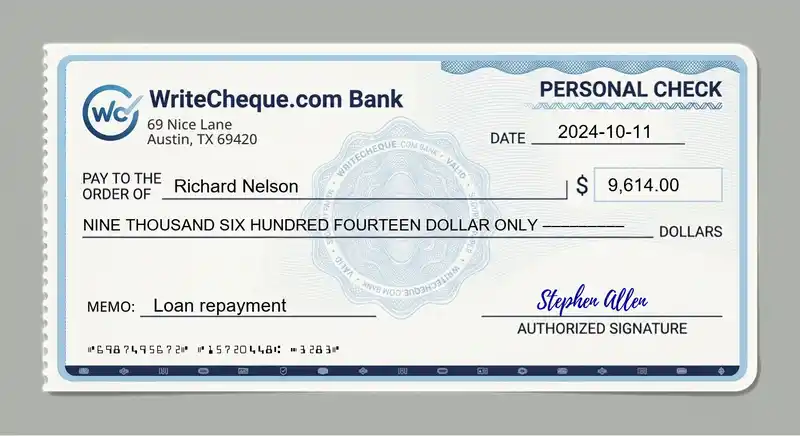 Cheque example for 9614