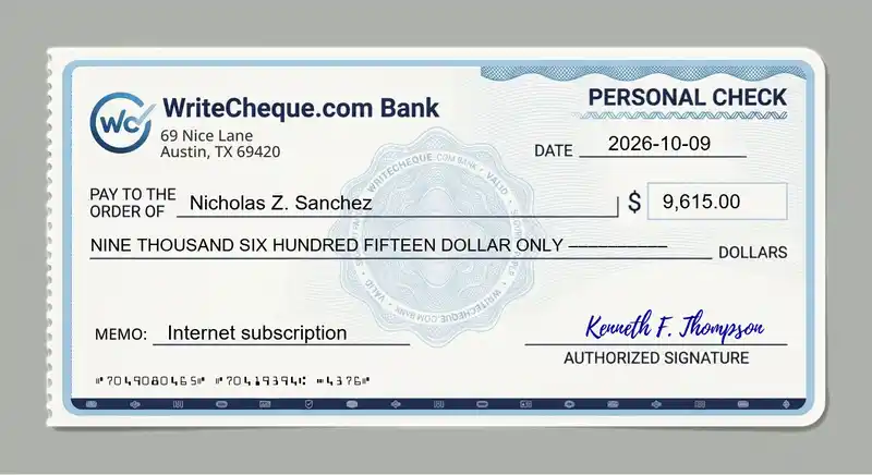 Cheque example for 9615