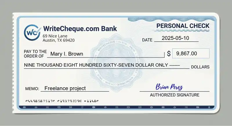 Cheque example for 9867
