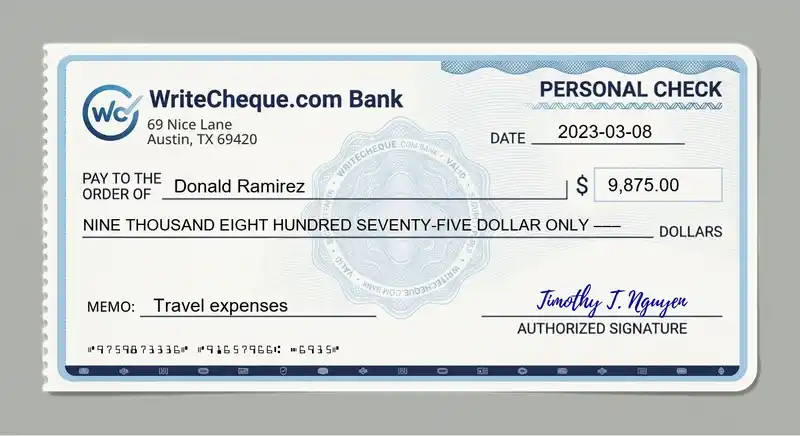 Cheque example for 9875